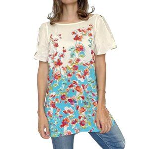 Maeve 100% silk Womens Floral Print flutter sleeve Blouse Top XSmall flower blue